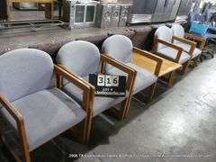 5 - UPHOLSTERED SIDE CHAIRS W/ ATTACHED TABLE, 5 X MONEY