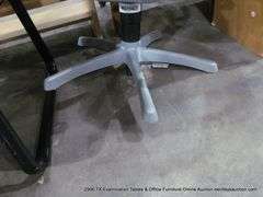 GREY UPHOLSTERED DESK CHAIR (WHEELS ARE BROKEN OFF)