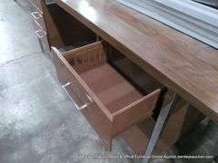 DARK STAINED WOOD LAMINANT MID-CENTURY OFFICE DESK W/ DUAL SIDE STORAGE DRAWERS, 70" X 36" X 29-1/2"