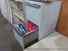 BLUE-GRAY 15" X 18" X 52" 4-DRAWER METAL FILE CABINET W/ MISC FILES AND OFFICE ITEMS