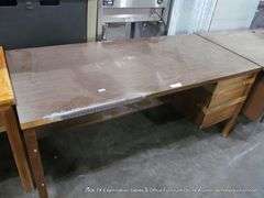 DARK STAINED WOODEN MID-CENTURY OFFICE DESK W/ 2 STORAGE DRAWERS, 66" X 30" X 29-1/4"
