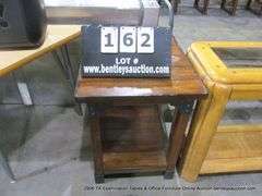 DARK STAINED WALNUT END TABLE W. METAL JOINT BRACINGS, 20" X 26" X 25"