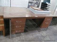 DARK STAINED WOOD LAMINANT MID-CENTURY OFFICE DESK W/ DUAL SIDE STORAGE DRAWERS, 70" X 36" X 29-1/2"
