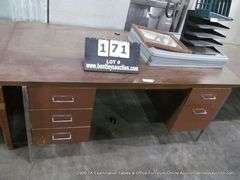 DARK STAINED WOOD LAMINANT MID-CENTURY OFFICE DESK W/ DUAL SIDE STORAGE DRAWERS, 70" X 36" X 29-1/2"