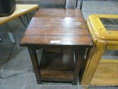 DARK STAINED WALNUT END TABLE W. METAL JOINT BRACINGS, 20" X 26" X 25"