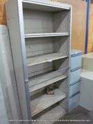 TAB 36" X 18" X 83" TAN 5-SHELF FLIP-UP CABINET W/ EXTERIOR LATCH - MISSING 2-FLIP-UP CABINET DOORS