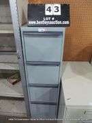 BLUE-GRAY 15" X 18" X 52" 4-DRAWER METAL FILE CABINET W/ MISC FILES AND OFFICE ITEMS
