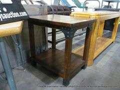 DARK STAINED WALNUT END TABLE W. METAL JOINT BRACINGS, 20" X 26" X 25"