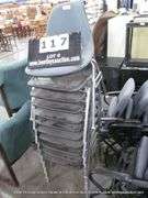 10-STAINLESS STEEL STACKABLE OFFICE CHAIRS W/ BLACK PLASTIC SEAT, 1-BLUE CUSHIONED STACKING CHAIR (1