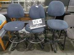 3 - OFFICE STOOLS, BLUE PATTERNED UPHOLSTERY, 3 X MONEY