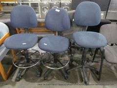 3 - OFFICE STOOLS, BLUE PATTERNED UPHOLSTERY, 3 X MONEY