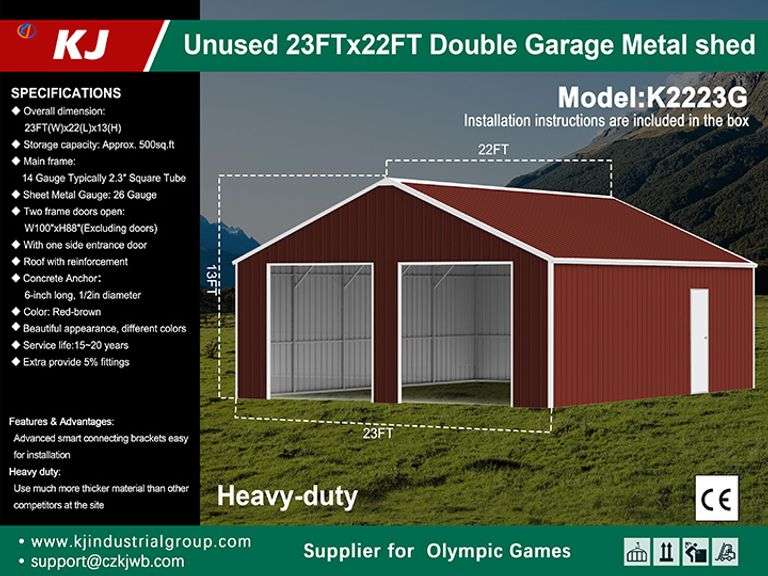 2025 KJ DOUBLE GARAGE METAL SHED MODEL: K2223G, S/N: KJ25023282, 23'W X 22'L