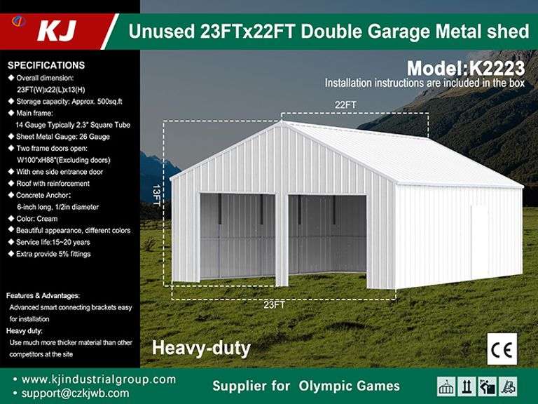 2025 KJ DOUBLE GARAGE METAL SHED MODEL: K2223, S/N: KJ25023285, 23'W X 22'L