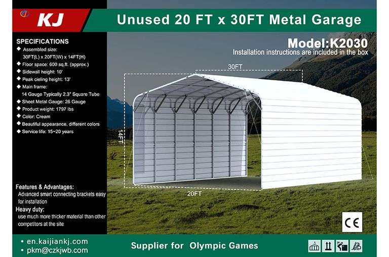 2025 KJ METAL GARAGE MODEL: K2030, S/N: KJ25023289, 20'W X 30'L