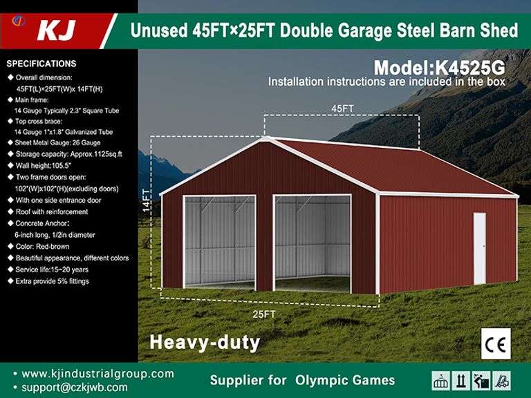 2025 KJ METAL DOUBLE STEEL BARN SHED MODEL: K4525G, S/N: KJ25023279, 45'L X 25'W (BOXES A&B)