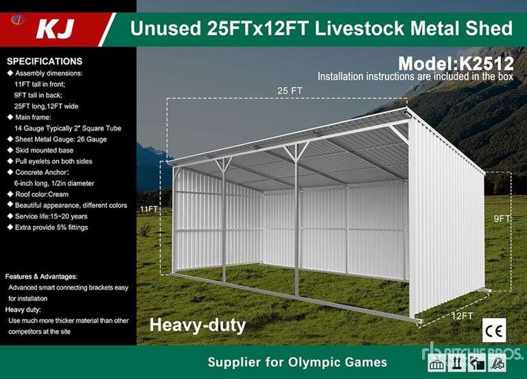 2025 KJ METAL LIVESTOCK SHED MODEL: K2512, S/N: KJ25023283, 25'L X 12'W