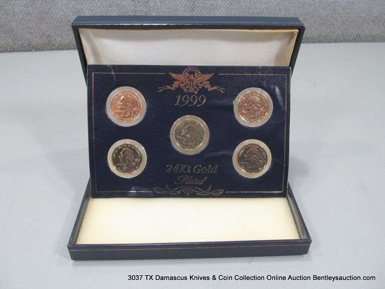 DISPLAY 1999 24KT PLATED STATES QUARTERS DISPLAY - 5 QUARTERS - Bentley ...