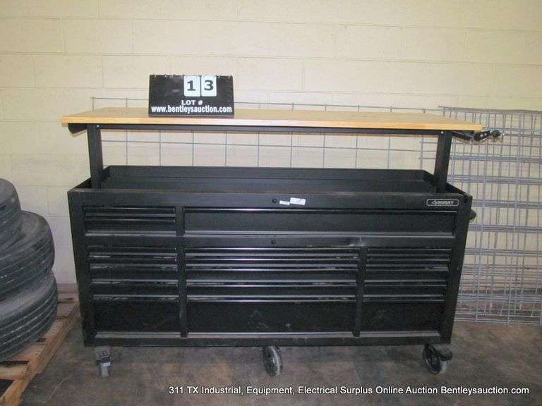 HUSKY 6' X 2' X 38" PORTABLE WORKBENCH/TOOLBOX W/ RISING CRANK WOOD TOP