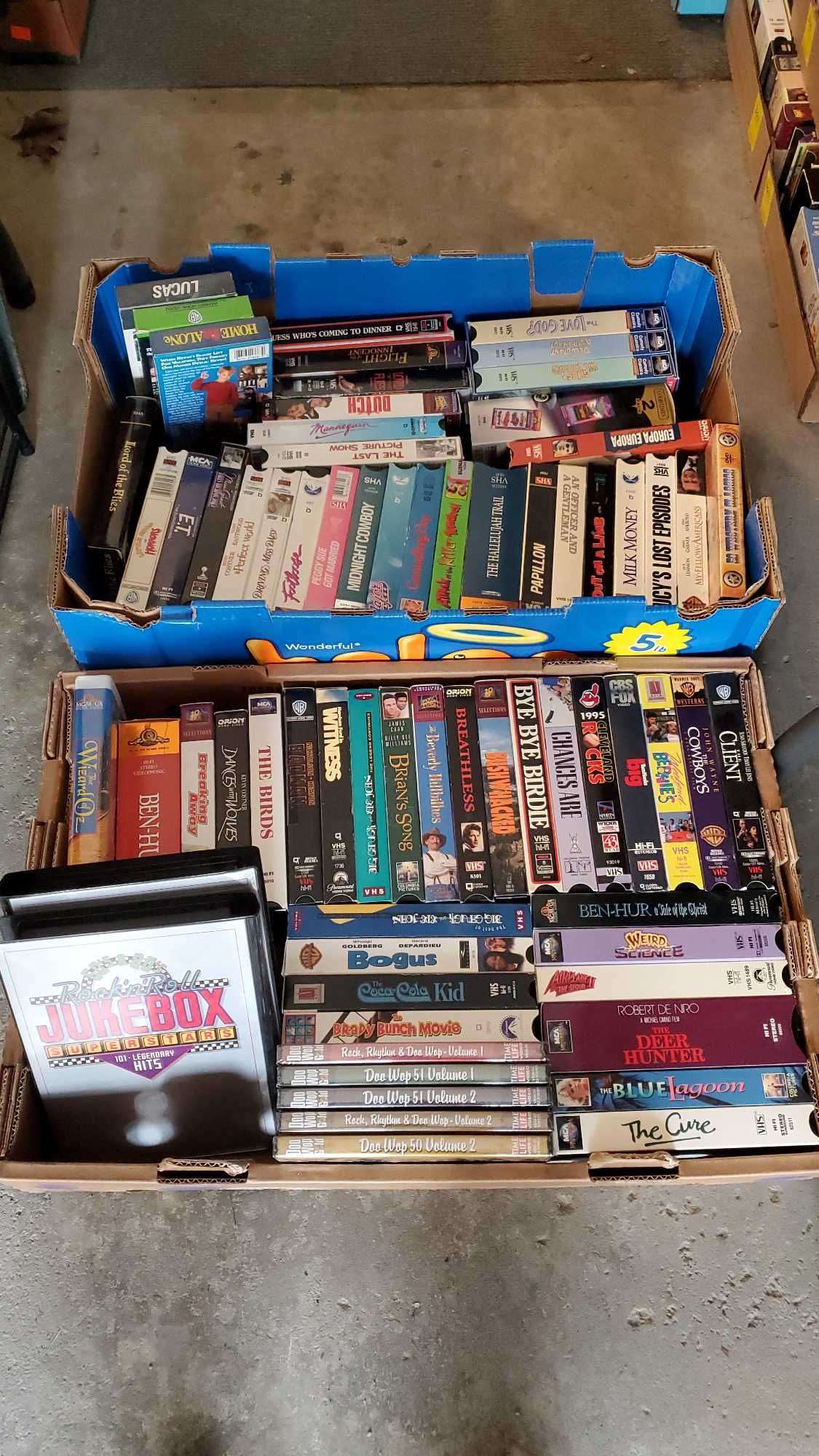 Two boxes VHS tapes, jukebox hits cassettes, Doo Wop CDs - Bid