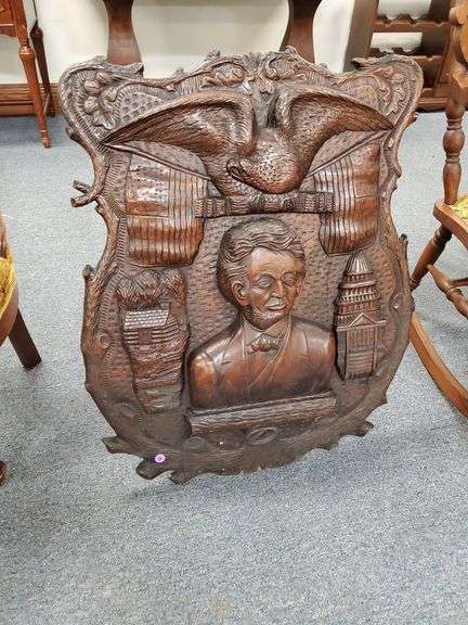 Abraham Lincoln wooden 3-D carved shield, portrait of America. 21" W x 29" H