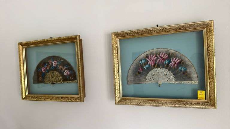 Pair of framed oriental fans, 23x20