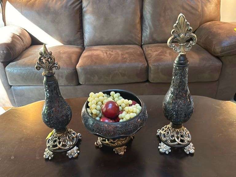3 pc brown/copper mosaic crackle glass console set