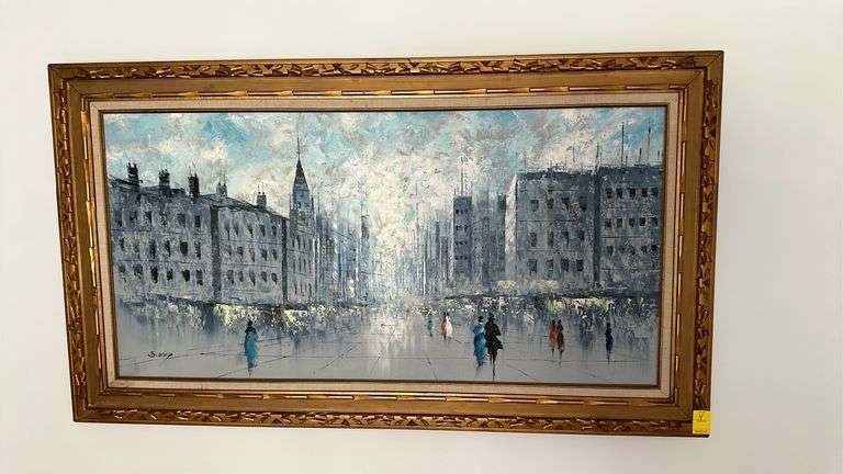 56x32 Parisian street scene oil on canvas, artist signed