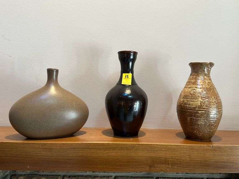 3 brown toned stoneware decorative vases, 10”, 13”, 12”