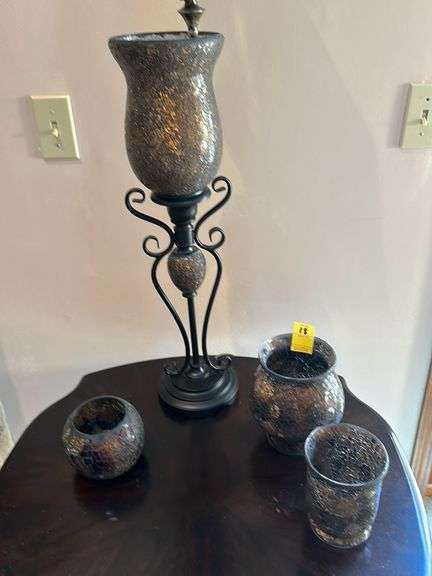 4 pc brown/copper crackle glass decor incl: 26” lamp and 3 vases (5”-8”)