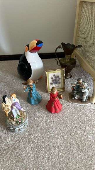 Toucan cookie jar, musical angel figurines, Norman Rockwell figurine, wedding couple musical figurine