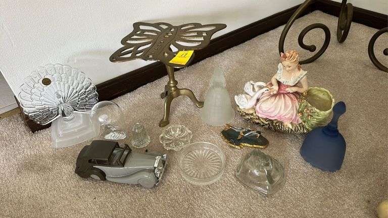 Brass butterfly plant stand, Cristal Marques peacock, frosted bells, lady with geese planter, etc