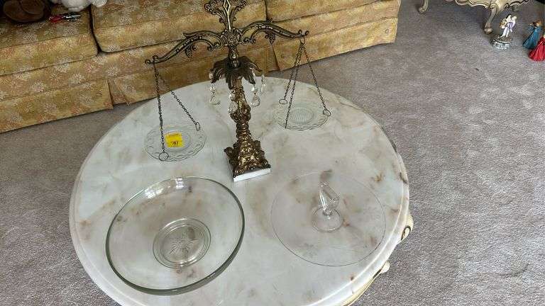 Brass/glass centerpiece with prisms, etched candy dish, glass fruit bowl