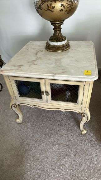 3 marble top Provincial tables, 24” square , 26”  2-tier round, 36” coffee table.  No other contents included