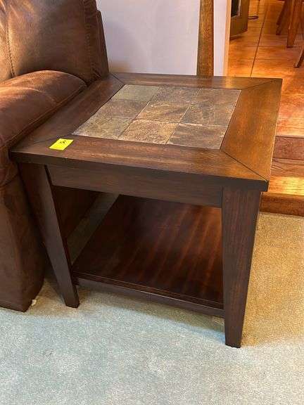 Pair of 24x24x24 wood end tables with slate top. No other contents included