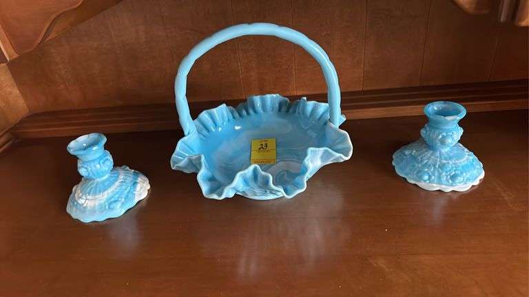 Blue/milkglass fluted edge basket with 2 candlesticks