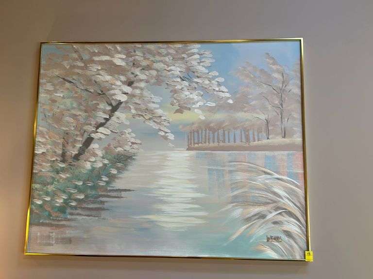 Lee Reynolds original signed oil on canvas in gold-tone frame.  Cherry blossom tree? Pastel colors. 60x48