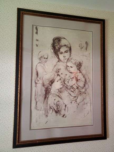 Edna Hibel large signed and numbered (22/52) mother with children art, framed 47x34.