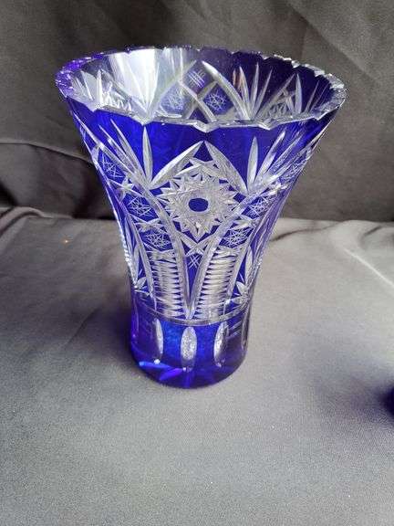 Bohemian cobalt blue to clear hand cut lead Crystal vase, 10" H