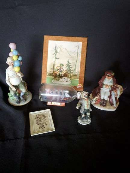 Emmett Kelly clown, Norman Rockwell Gorham figurine, ship in bottle, Hummel art