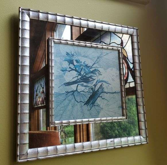 Blue Jay framed mirror, artist signed. 14.5 x 14.5