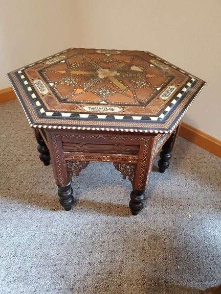 Elegant inlaid hexagon Damascan Islamic side table inscribed with prayers, 24x16