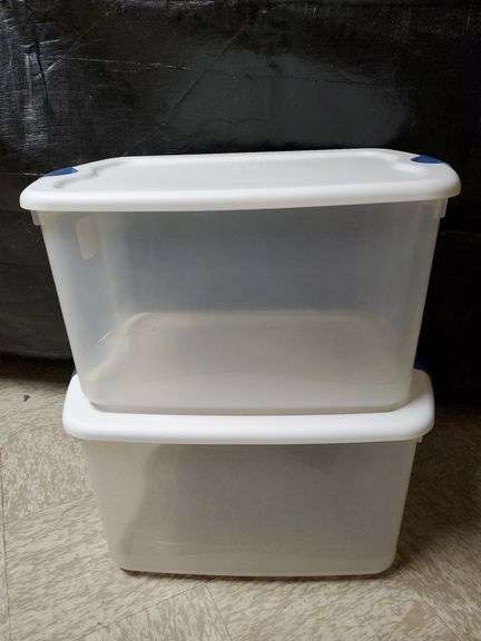 Two stackable Sterilite 66 q totes with lids. By the piece X2.