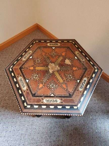 Elegant inlaid hexagon Damascan Islamic side table inscribed with prayers, 24x16