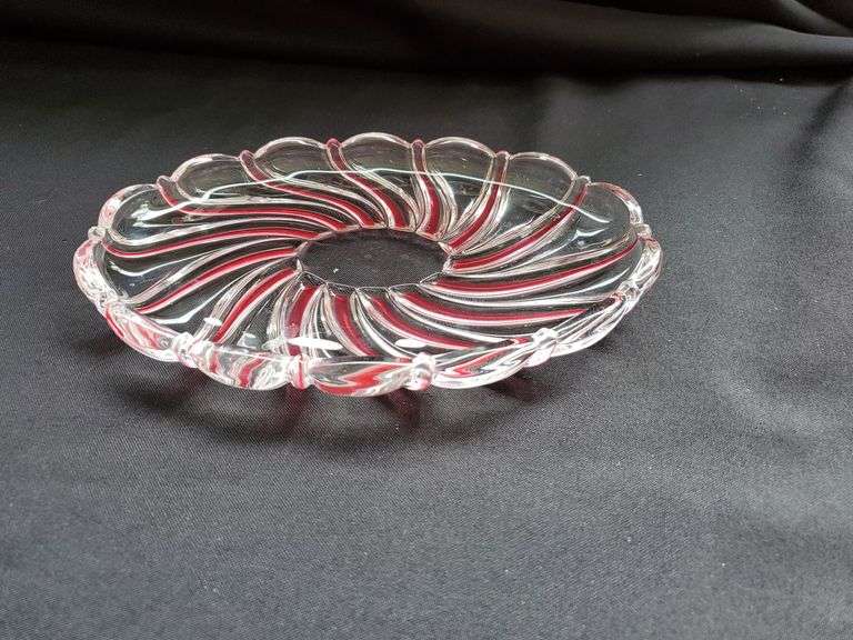 (2) pieces red swirl glass candy dish and small 9" plate