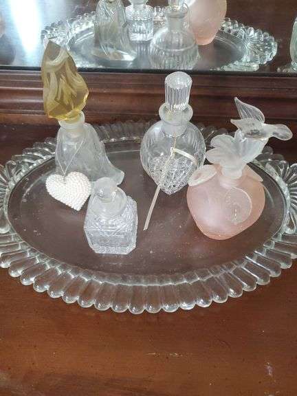 Mirrors, glass display tray, perfume bottles, &  candle holders with prisims