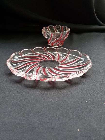 (2) pieces red swirl glass candy dish and small 9" plate