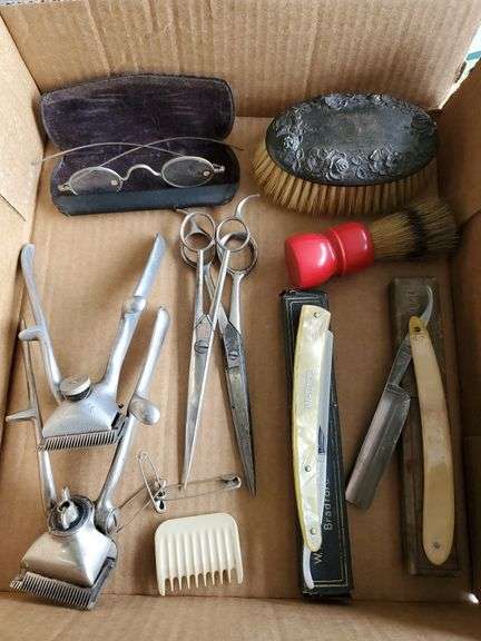 Early spectacles, barber supplies, straight razors