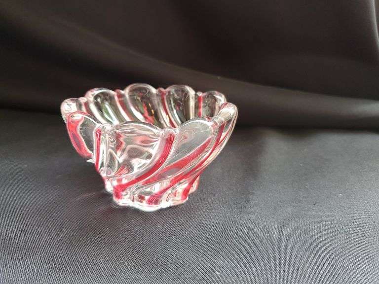 (2) pieces red swirl glass candy dish and small 9" plate