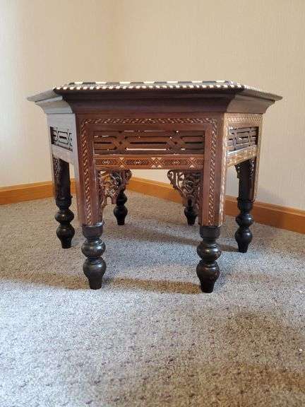 Elegant inlaid hexagon Damascan Islamic side table inscribed with prayers, 24x16