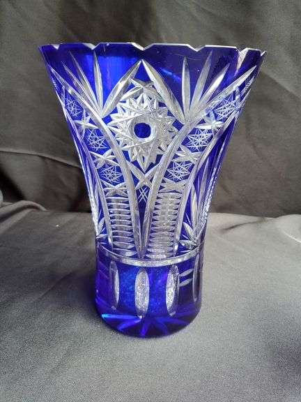 Bohemian cobalt blue to clear hand cut lead Crystal vase, 10" H